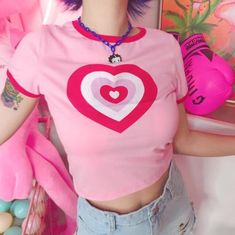 Free Shipping - Pastel Pink Heart Top sold by Littlepinko on Storenvy Powerpuff Kızları, Girls Crop Tops, Pink Crop Top, Mori Girl, Harajuku Fashion, Powerpuff Girls, Love T Shirt, Pink Love, Pink Print