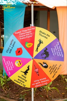 a colorful umbrella with different types of things on it