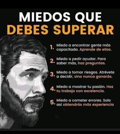 a man with long hair and beard wearing a black shirt is in front of a poster that says medos que debes superar