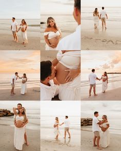 a pregnant couple standing on the beach with their belly wrapped around each other