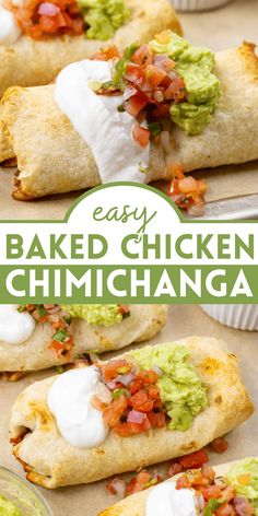 easy baked chicken chimichanga with guacamole and sour cream on top