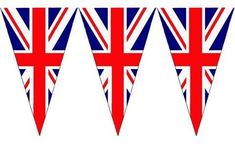 the british flag buntings are red, white and blue with black letters on them