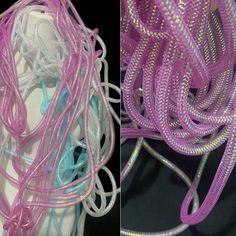 there are two pictures one is purple and the other has white wires on it, both have pink cords attached to them