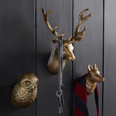 two brass deer head hooks hang on the wall next to an owl mask and tie bar