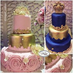 three tiered cake decorated with pink and blue frosting, gold crown on top