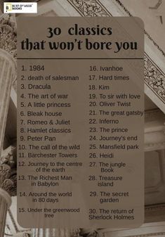 the 30 classics that won't bore you poster is shown in black and white