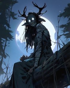 a creepy looking creature sitting on top of a tree branch in front of a full moon