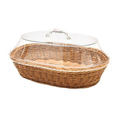 a wicker basket with glass lid