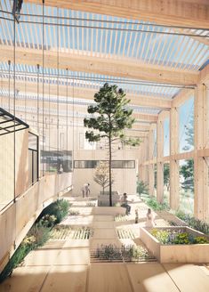 an artist's rendering of the inside of a building with trees and plants in it