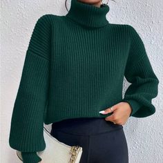 New. Never Used. Dark Green Turtleneck Outfit, Green Knit Sweater Outfit, Green Turtleneck Sweater, Batwing Sleeve Sweater, Turtleneck Outfit, Green Turtleneck, Chic Maxi Dresses, Butterfly Blouse, Drop Shoulder Sweater