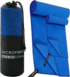 the microfiber quick dry towel is blue and has a black bag next to it