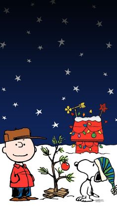 a charlie brown christmas card with snoop and apple tree in the snow, stars on the night sky