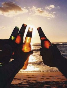 four people holding beer bottles in front of the ocean at sunset or sunrise on a beach