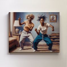 two black women are dancing in front of a painting on the wall with a lamp