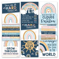 four posters with rainbows, clouds and words in different colors on the same page