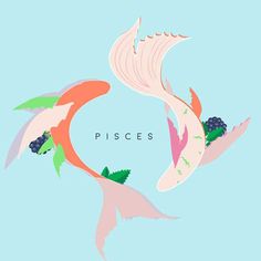 two fish in the shape of a circle with words pisces