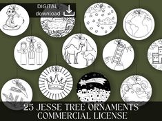 the 25 jesus tree ornaments are shown in black and white, with text overlaying them