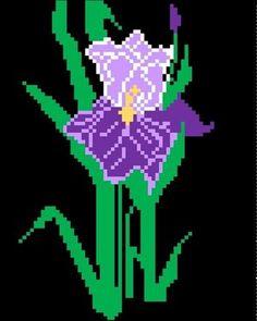 a purple flower with green stems on a black background is shown in the shape of a cross stitch pattern