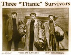 three men standing next to each other in front of a building with the caption three titanic survivor