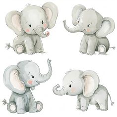 four elephants are shown in three different poses, one is gray and the other is white