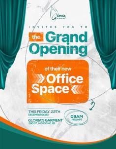 an advertisement for the grand opening of their new office space, in orange and green