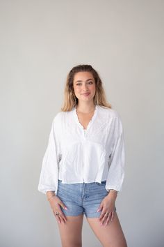 White Summer Embroidered Top Long Sleeve Tops With Embroidered Hem And Relaxed Fit, Cotton V-neck Blouse, Bohemian Cotton Top With Split Neck, Relaxed Fit Henley Neckline Tops For Spring, V-neck Cotton Blouse, White Casual Top With Embroidered Neckline, Casual White Tops With Embroidered Neckline, Chic Embroidered Tops With Relaxed Fit, Casual White Top With Embroidered Neckline