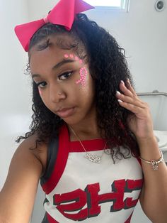 Football Game Makeup Dots, Pink Football Game Theme Face Paint, Face Dots For Football Games, Comp Makeup Cheer, Face Painting Ideas For School Spirit, Cheerleader Game Day Makeup, Cute Cheer Makeup, Pink Face Paint Ideas School Spirit, Pink Out Football Game Makeup