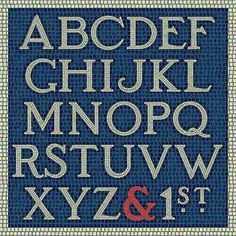 the cross stitch alphabet is shown in blue and white