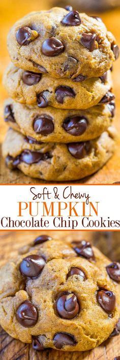 soft and chewy pumpkin chocolate chip cookies stacked on top of each other with text overlay