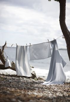 clothes hanging out to dry on the beach next to trees and water with waves in the background