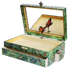 an open box with a butterfly on the lid and drawer below it that is empty