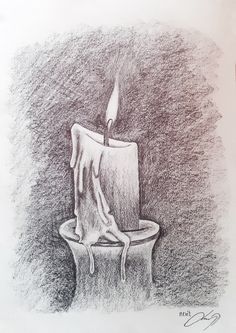 a drawing of a lit candle sitting on a table next to a toilet paper roll