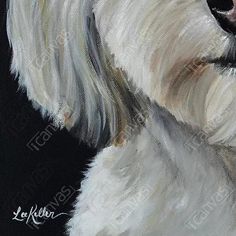 a painting of a white dog on a black background