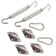 three fishing hooks and two hooks are shown in this image on a white background