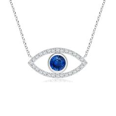 Make an enchanting statement of style with this charming evil eye pendant. Crafted in sterling silver, this lucky look features a 6.5mm bezel-set bright blue sapphire artfully set between curved ribbons lined with sparkling white sapphires. Captivating with white sapphires and a brilliant buffed luster, this design suspends centered along a cable chain that secures with a spring-ring clasp. Style ID: N220049SWLSMetal: SilverMetal Color: WhiteRhodium Finish: YesNecklace Length: 16"/18"/20"Stone(s Blue Sapphire Diamond Pendant, Sapphire Diamond Pendant, Blue Sapphire Pendant, Diamond Evil Eye, Round Sapphire, Blue Sapphire Diamond, Sapphire Pendant, Eye Pendant, Evil Eye Pendant