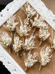 several dried flowers are placed in a white frame