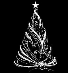 a white christmas tree with swirls and stars on it's top, against a black background