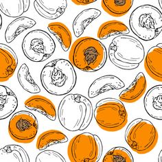 an orange and white background with lots of different fruits