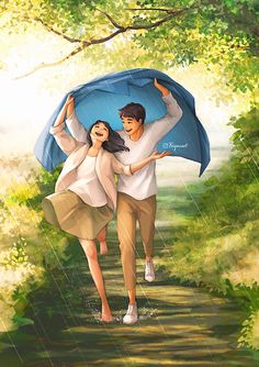 a man and woman walking under an umbrella in the rain on a path between trees