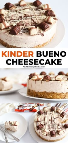 an image of a cheesecake with chocolate toppings on top and the words kinder bueno cheesecake above it