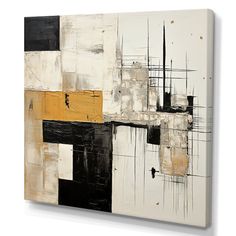 an abstract painting with black, white and yellow colors