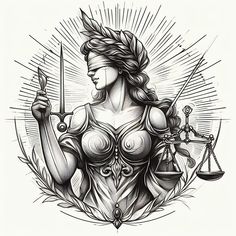 the lady justice symbol is depicted in this tattoo art drawing by artist mark taylor, who has