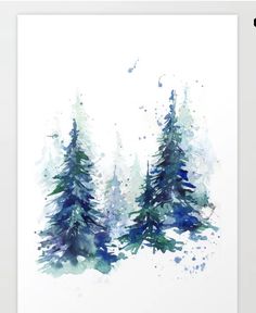 a watercolor painting of pine trees in the snow with blue and green paint splattered on it