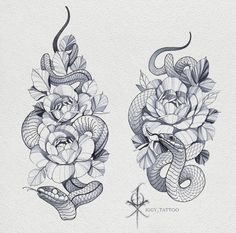 two snake and roses tattoo designs on paper