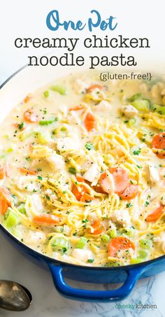 one pot creamy chicken noodle pasta in a blue skillet