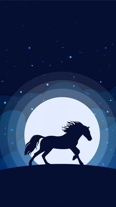 the silhouette of a horse running in front of a full moon with stars on it