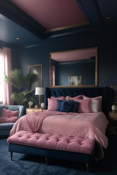 a bedroom with blue walls and pink bedding