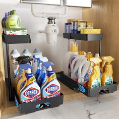 there are two trays with cleaning products on them and one is holding soap bottles