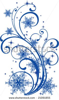 blue snowflakes and swirls on white background