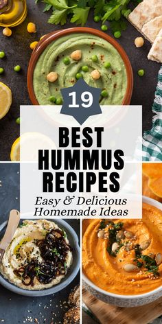 hummus recipe collage with text overlay that reads 19 best hummus recipes easy and delicious homemade ideas